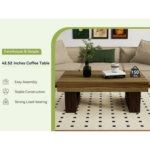 Coffee Tables 42 Inch Wood Rectangular Coffee Table, All MDF Farmhouse Accent Center Low Cocktail Tea Table with Sturdy Base for Living Room-Rustic Brown,Coffee Tables With Storage