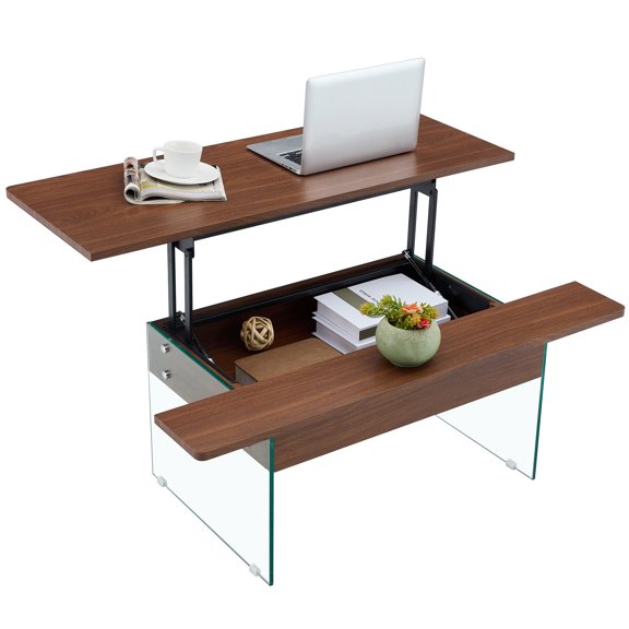 Coffee Tables 43.3-inch coffee table with lifting function (with storage space) - Combining walnut wood grain with tempered glass (capable of supporting 300 pounds) Space-saving design, multiple col