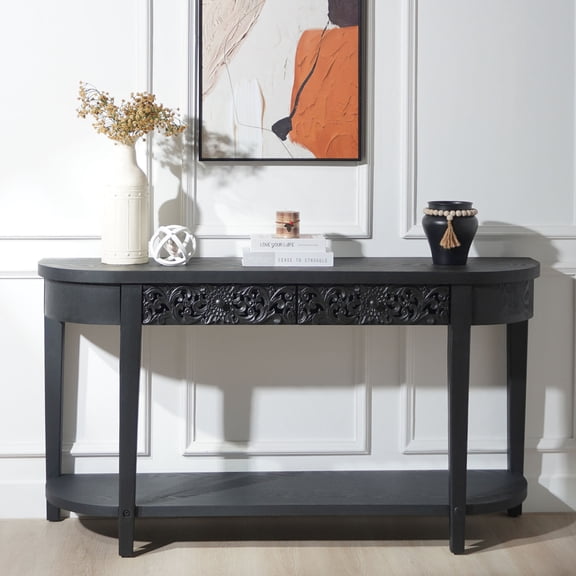 Coffee Tables 59.2in Black Carved Wooden Console Table with Lower Storage Shelf Tow Drawers– Elegant Decorative Accent for Entryway, Living Room, and Hallway,Wooden Coffee Tables