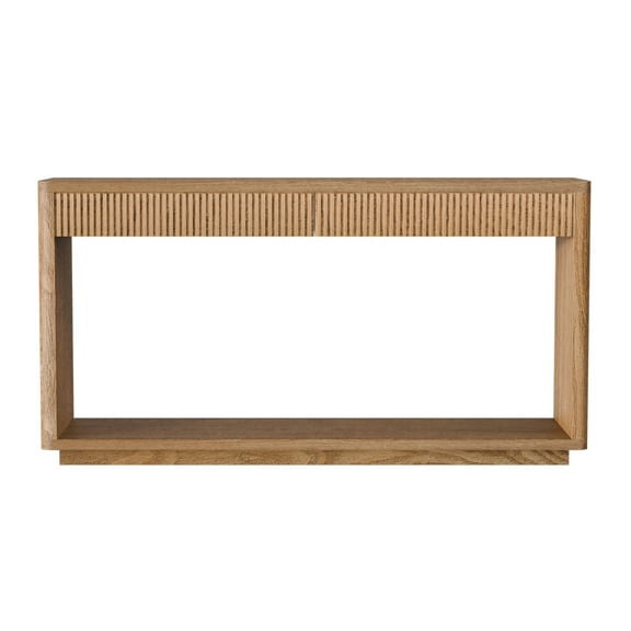 Coffee Tables 60" Modern 2-Drawer Fluted Console Table Natural Wood Veneer Sofa Table Behind Couch Table for Living Room, Hallway, Entryway, Home Office, Natural Wood,Wooden Coffee Tables