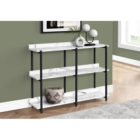 Coffee Tables Accent Table, Console, Entryway, Narrow, Sofa, Living Room, Bedroom, White Marble Look Laminate, Black Metal, Contemporary, Modern,Wooden Coffee Tables