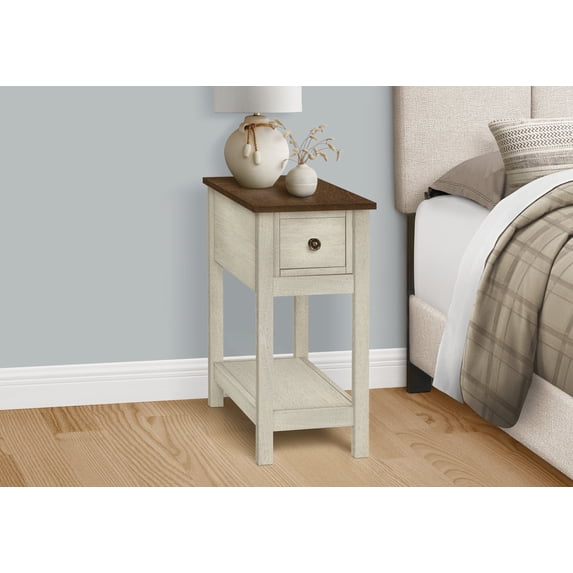 Coffee Tables Accent Table, End, Side Table, 2 Tier, Narrow, Bedroom, Lamp, Storage Drawer, Antique White Veneer, Brown Veneer, Transitional,Wooden Coffee Tables
