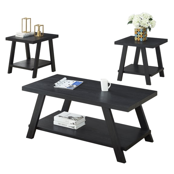 Coffee Tables Athens Contemporary Replicated Wood Shelf Coffee Set Table in Black Finish,Coffee Tables With Storage
