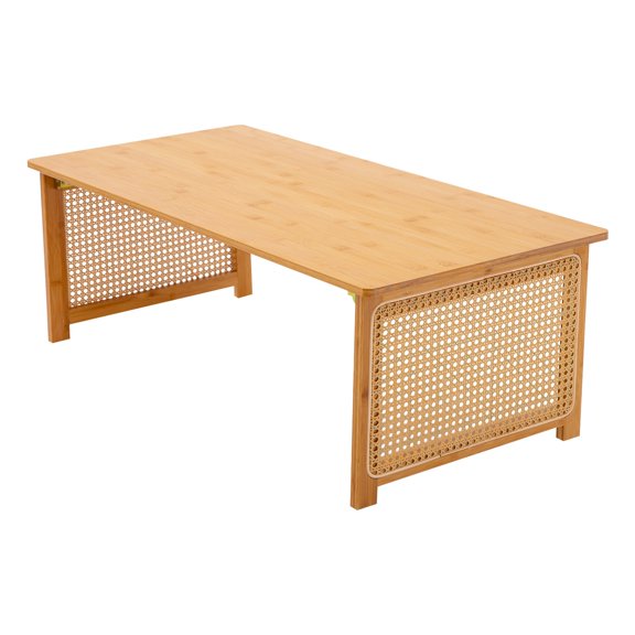 Coffee Tables, Bamboo Folding Table 100x48x35cm, Rattan Weave Design Natural Color, Foldable Low Table, Holds 154 lbs, for Living Room, Bedroom, Office, Durable