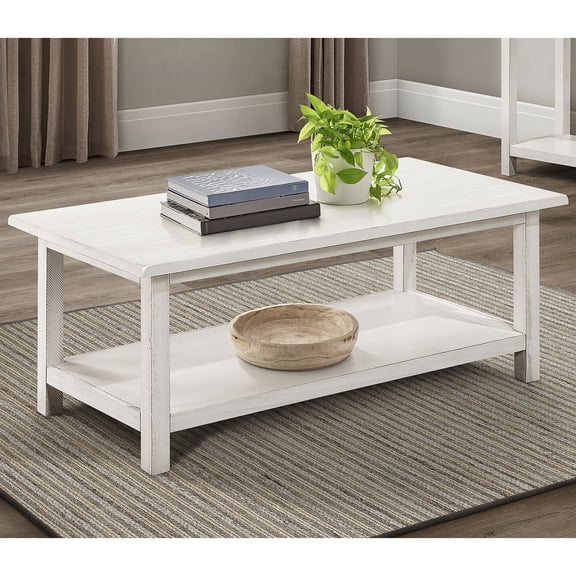 Coffee Tables Castleton Distressed White Wood Coffee Table with Shelf,Wooden Coffee Tables