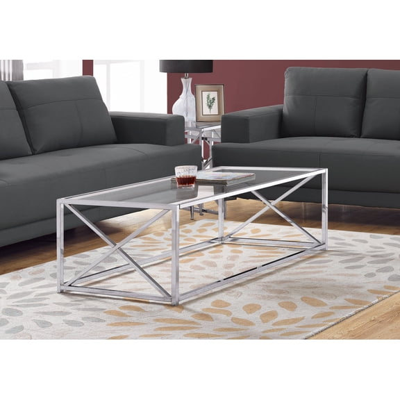Coffee Tables Coffee Table, Accent, Cocktail, Rectangular, Living Room, 44"l, Clear Tempered Glass, Chrome Metal, Contemporary, Modern,Wooden Coffee Tables