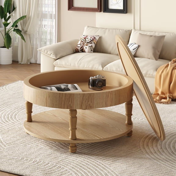 Coffee Tables Coffee Table with Dual Storage for Living Room, 31.5" Modern Round Coffee Table with Storage and Hidden Compartment, Adjustable Leveling Feet, Easy Assembly(Natrual Wood),Wooden Coffee