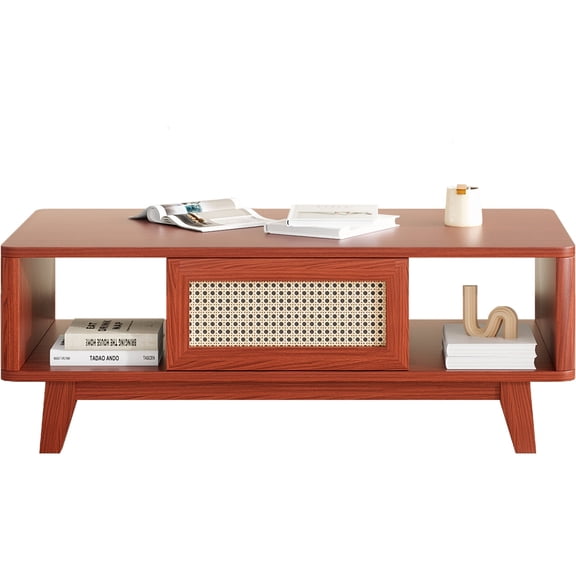 Coffee Tables Coffee Table, Mid Century Living Room Tables with Storage, Modern Square with Rattan Drawer, Wooden Living Room Table with Solid Wood Leg,Wooden Coffee Tables