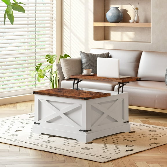 Coffee Tables Coffee Table, Multi-functional Lifting Dining Table Coffee Table, Wood Square Center Table with Hidden Compartments for Living Room Office Reception Room, 31.5"x 31.5", Vintage White,Wo