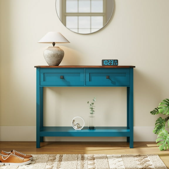 Coffee Tables Farmhouse Style Console Table with 2 Drawer and Bottom Storage Shelf for Entryway, Rustic Side Table with Storage Drawer and Shelf for Living room, Hallway(Pagoda Blue),Wooden Coffee Ta