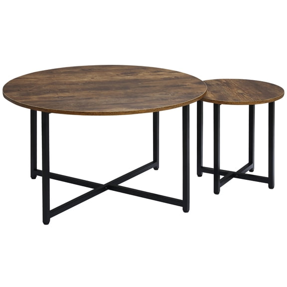 Coffee Tables HOMCOM Round Coffee Table Set of 2, Industrial Living Room Tables with Metal Frame, Circle Coffee Tables for Living Room, Rustic Brown,Wooden Coffee Tables