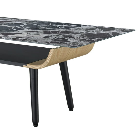 Coffee Tables Landon 47" Coffee Table with Glass Black Marble Texture Top and Bent Wood Design,Coffee Tables With Storage