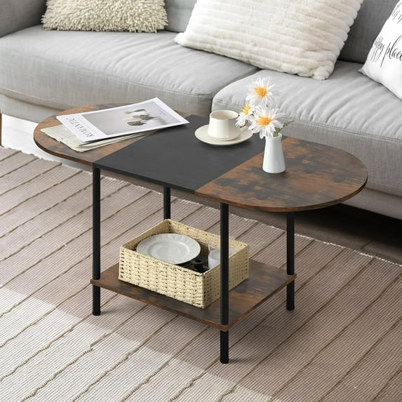 Coffee Tables for Living Room,2-Tier Small Coffee Table Farmhouse Oval Center Table with Storage Shelf and Wood Tabletop,for Small Space,Home Office,Black & Brown