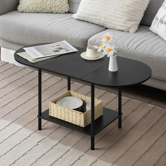 Coffee Tables for Living Room,2-Tier Small Coffee Table Industrial Modern Black Coffee Table with Storage Shelf and Wood Tabletop for Small Space,Home Office
