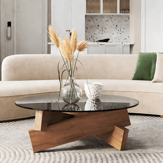 Coffee Tables for Living Room-Triangle Glass Coffee Table with Irregular Wooden Base End Table,Mid-Century Modern Abstract End Table,for Study Room Office Hotel Balcony(Walnut color 31.5incin)