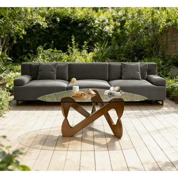 Coffee Tables for Living Room-Triangle Glass Coffee Table with Irregular Wooden Base End Table,Mid-Century Modern Abstract End Table,for Study Room Office Hotel Balcony