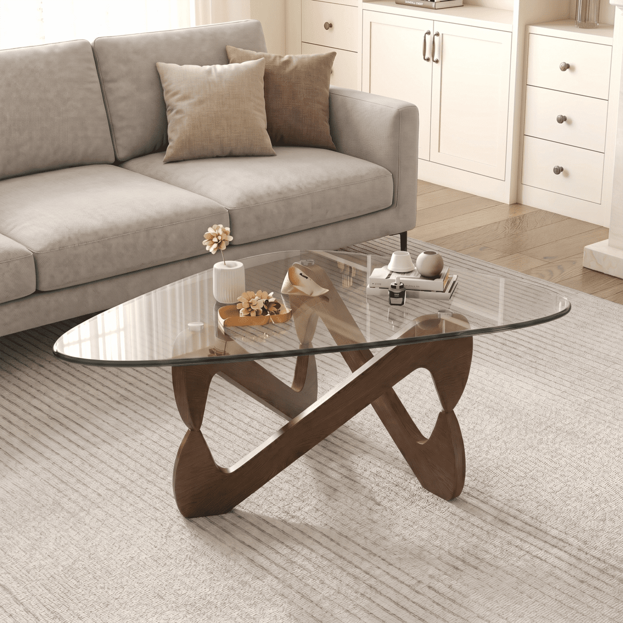 Modern Triangle Glass Coffee Table, Irregular Wooden Base Abstract Side End Table for Living Room, Study, Office, Hotel, Balcony,Wood