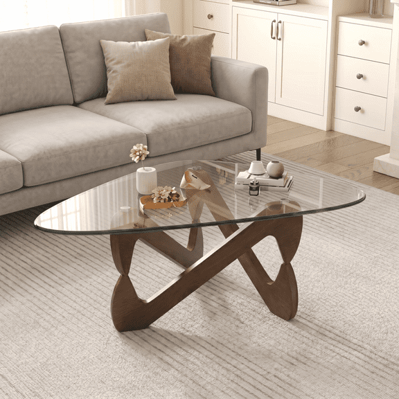Modern Triangle Glass Coffee Table, Irregular Wooden Base Abstract Side End Table for Living Room, Study, Office, Hotel, Balcony,Wood