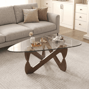 Modern Triangle Glass Coffee Table, Irregular Wooden Base Abstract Side End Table for Living Room, Study, Office, Hotel, Balcony,Wood