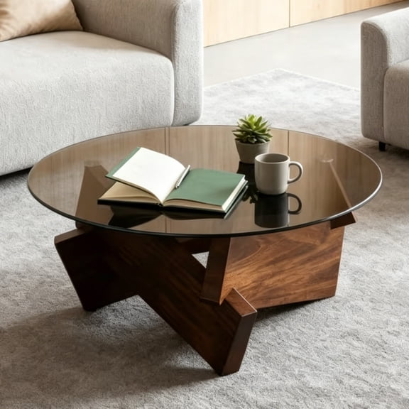 Coffee Tables for Living Room-Triangle Glass Coffee Table with Irregular Wooden Base End Table,Mid-Century Modern Abstract End Table,for Study Room Office Hotel BalconyWalnut color 31.5incin