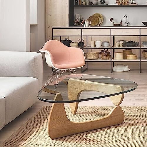 Coffee Tables for Living Room - Triangle Glass Coffee Table with Wooden Base Mid-Century Modern Abstract End Table for Study Room Office Hotel Balcony (Wood Transparent, Large 50 * 35.8 * 16in)