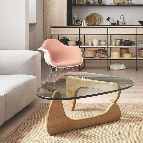 Coffee Tables for Living Room - Triangle Glass Coffee Table with Wooden Base Mid-Century Modern Abstract End Table for Study Room Office Hotel Balcony (Wood Transparent, Small 32.2 * 22.4 * 16in)