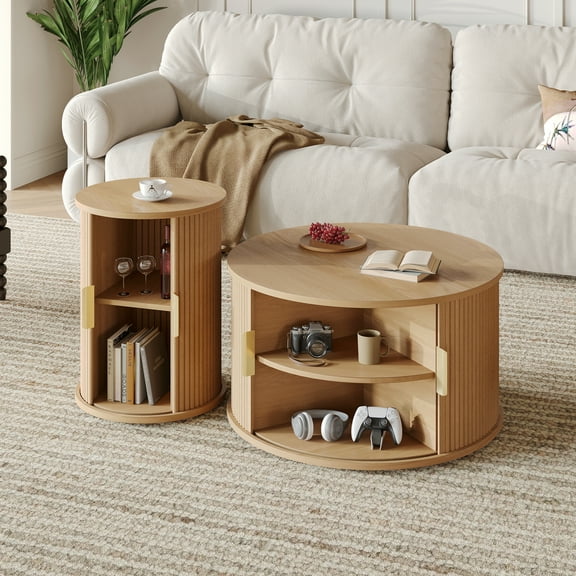 Coffee Tables Mid-Century Coffee Table Set with Sliding Tambour Door, Round Fluted End Table With Storage, Golden Handle Tall & Low Side Table with Wooden Finish for Living Room, Set of Two ,Natural,