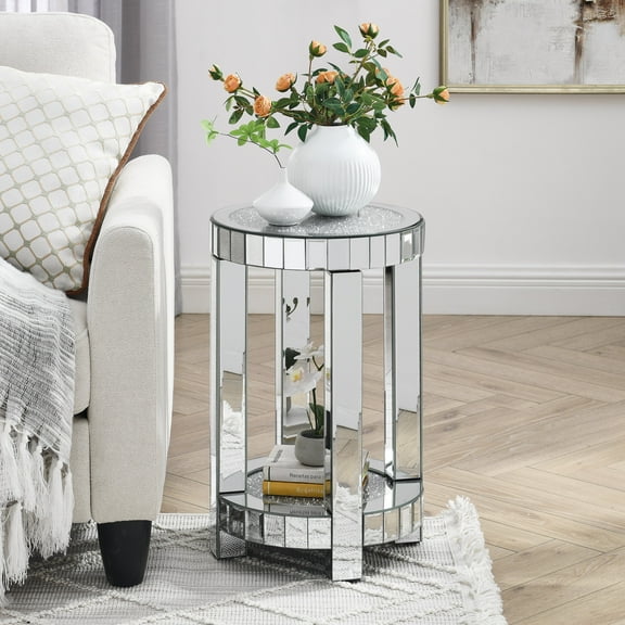 Coffee Tables Mirror round table with crystal inlay, 2-layer modern small sofa table with storage space, silver decorative table suitable for living room, bedroom, coffee and small spaces,Wooden Coff