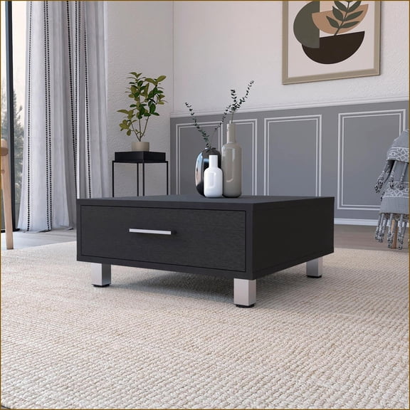 Coffee Tables | Modern Myers 23.6 Square with Drawer & Metal Legs | Black | Engineered Wood