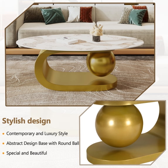Coffee Tables Modern Oval Coffee Table for Living Room, Marble Pattern Sintered Stone Coffee Tabletop with Gold Stainless Steel Base in 47.2",Wooden Coffee Tables