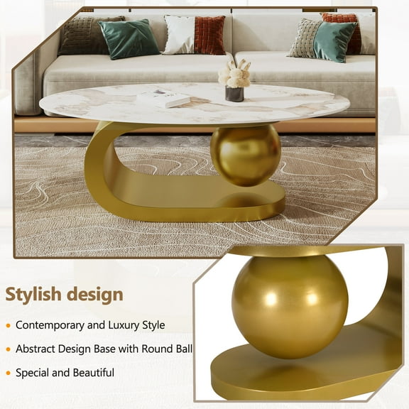 Coffee Tables Modern Oval Coffee Table for Living Room, Marble Pattern Sintered Stone Coffee Tabletop with Gold Stainless Steel Base in 47.2",Wooden Coffee Tables