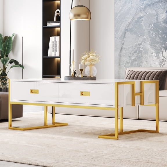 Coffee Tables Modern White Rectangular Coffee Table with 4 Drawers and Gold Base in 47.3",Wooden Coffee Tables