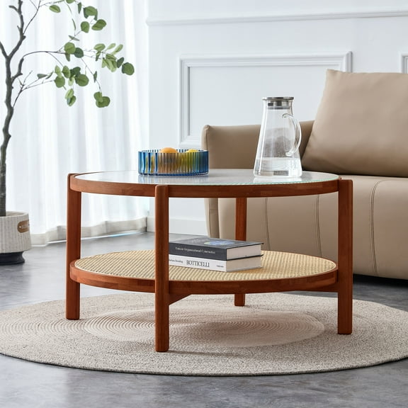 Coffee Tables Modern minimalist circular double-layer solid wood coffee table, craft glass tabletop, second layer material: PE rattan, solid wood frame. 34.6 '* 34.6' * 17.7'',Wooden Coffee Tables