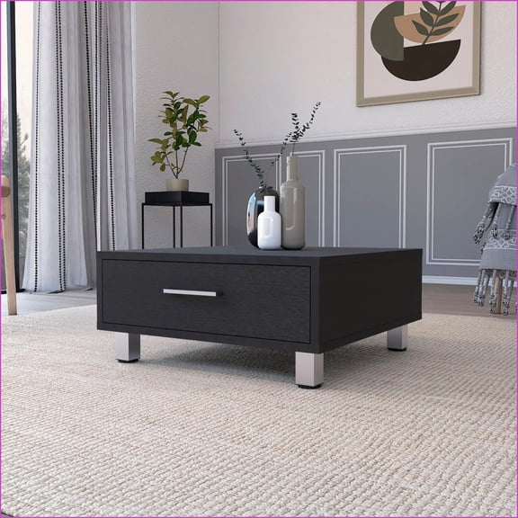 Coffee Tables | Myers Modern Square Coffee Table with Drawer | Black Engineered Wood, Metal Legs