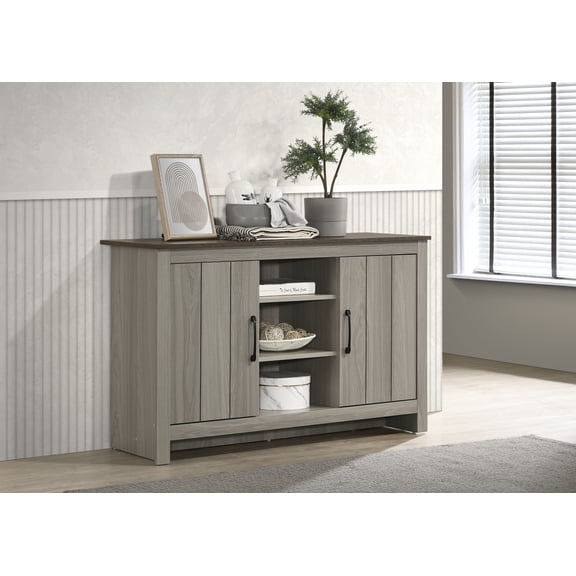 Coffee Tables Nyla 47"W Gray Oak Console Table, Buffet Table, Sideboard with Shelves and Cabinet Doors,Wooden Coffee Tables