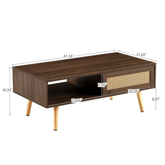 Coffee Tables PE Rattan Coffee table, Sliding Door for Storage, Solid Wood Legs, Modern Table for Living Room , Walnut Color,Wooden Coffee Tables