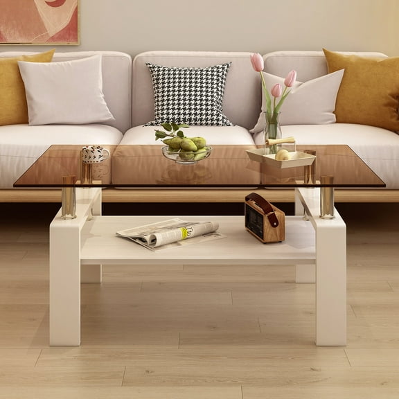 Coffee Tables Rectangle Coffee Table, Tempered Glass Tabletop with MDF Layer, Modern Table for Living Room , Brown Glass,Wooden Coffee Tables
