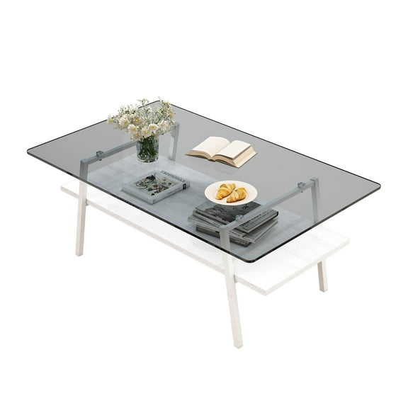 Coffee Tables Rectangle Coffee Table, Tempered Glass Tabletop with White Metal Legs, Modern Table for Living Room , Gray Glass,Wooden Coffee Tables