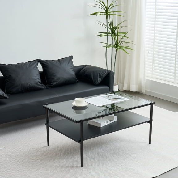 Coffee Tables Rectangle Coffee Table with Gray Tempered Glass top and Black Legs,Modern Table for Living Room,Wooden Coffee Tables