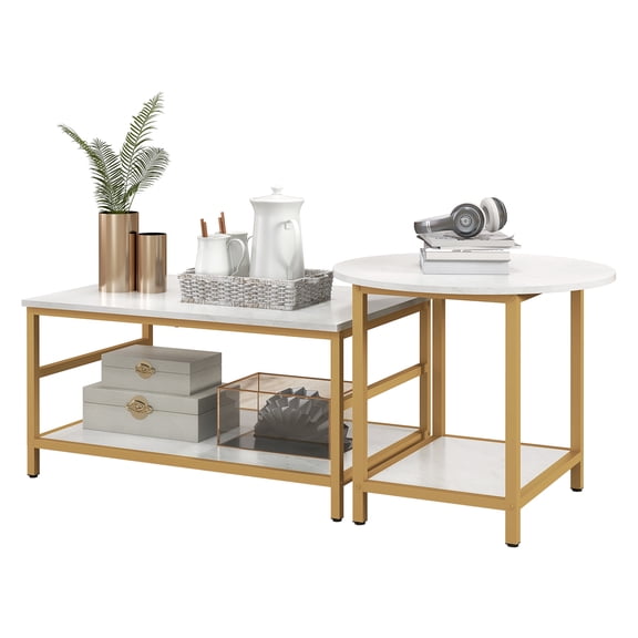 Coffee Tables Set of 2, Rectangle & Round, Faux Marble Top, Living Room Tables with Storage Shelves, Modern Nesting Tables for Home Decor