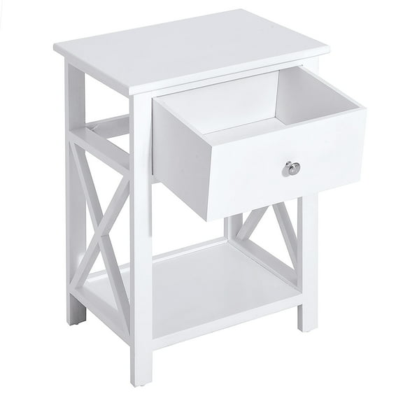 Coffee Tables Side Table, Farmhouse End Table with Storage Drawer, Open Shelf and X-frame, Bedside Table for Living Room, White,Coffee Tables With Storage
