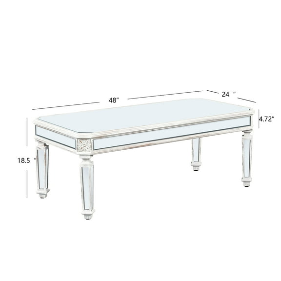 Coffee Tables Silver Mirrored Coffee Table, Vintage Carved Elements, Rectangle Glass Tea Table with Mirrored Finish, Modern Center Table for Living Room and Office (24" D x 48" W x 18" H),Wooden Coff