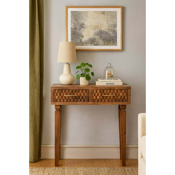 Coffee Tables Solid Wood Arno Console Table in Golden Teak,Brown,2-Drawers,Wooden Coffee Tables