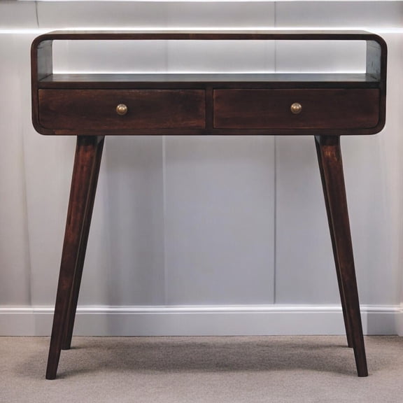 Coffee Tables Solid Wood Curved California Walnut Console Table, 2-Drawers, 1 Open-Slot, Nordic Legs, Dark Brown,Wooden Coffee Tables