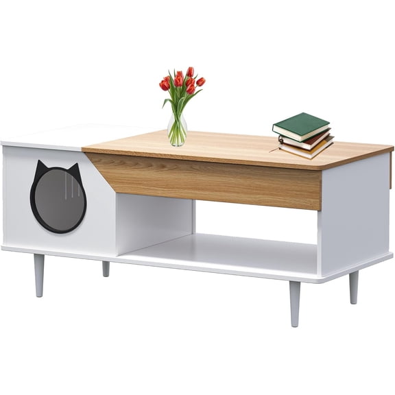 Coffee Tables with with Storage 45-Inch,Farmhouse Coffee Table with Cat House, Modern Center Table Cat Furniture Condo with Hidden Compartment for Living Room