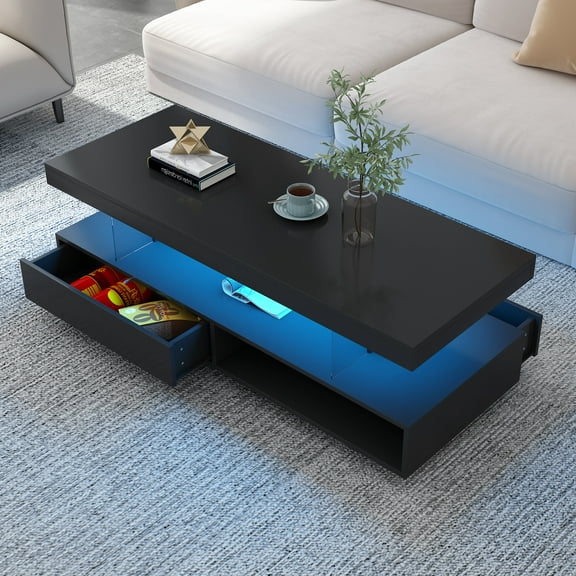 Coffee Tables U-Can LED Coffee Table with Storage, Modern Center Table with 2 Drawers and Display Shelves, Accent Furniture with LED Lights for Living Room,Black,Wooden Coffee Tables