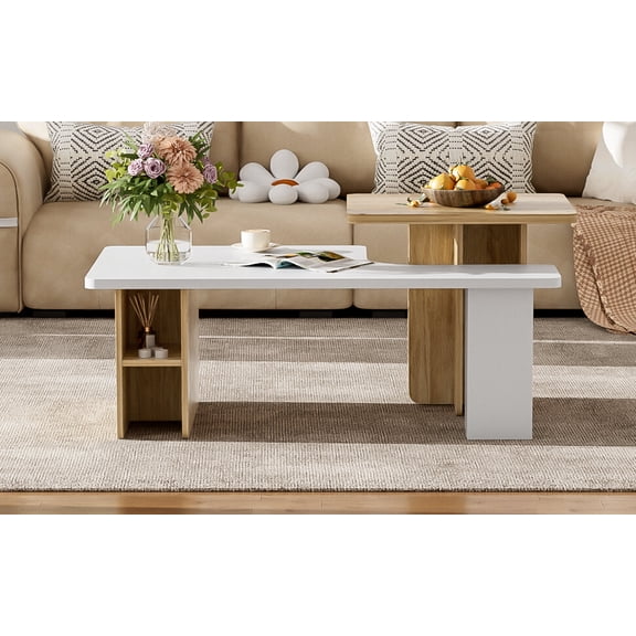 Coffee Tables U-Can Set of 2 Nesting Coffee Tables Farmhouse,Rectangle Coffee Table Living Room,Wood Finish Coffee Table Set, Small Coffee Tables, Sofa Side Table for Living Room,Wooden Coffee Tables