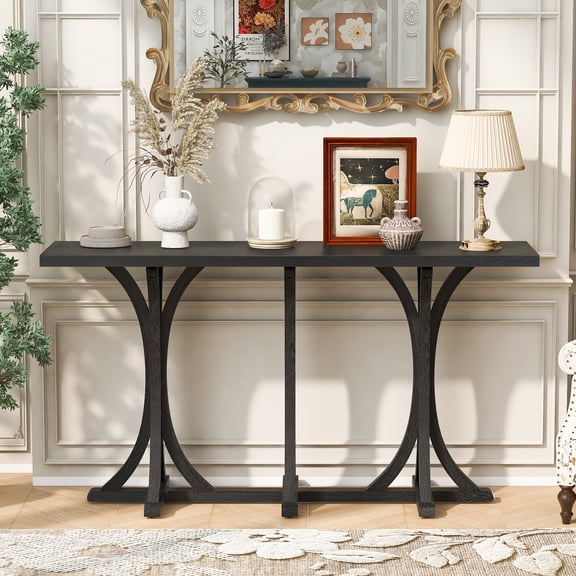 Coffee Tables U-Style 59.8'' Wooden Console Table with Oak Veneer Top,Farmhouse Entryway Table with Rubber Wood Slender Curved Legs,Perfect for Living Room,Entryway,Hallway, Dining Spaces.,Coffee Tab