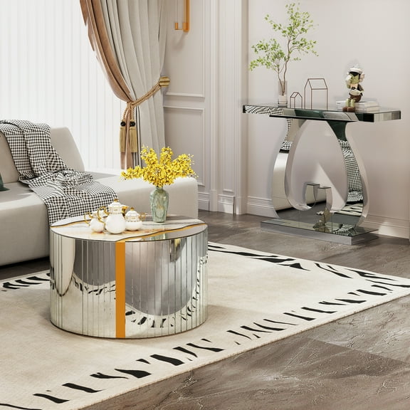 Coffee Tables White Marble pattern sticker Round Coffee Table Cylindrical Silver Mirror with Gold Dust Finish Modern Home Decor Compact Center Table,Wooden Coffee Tables