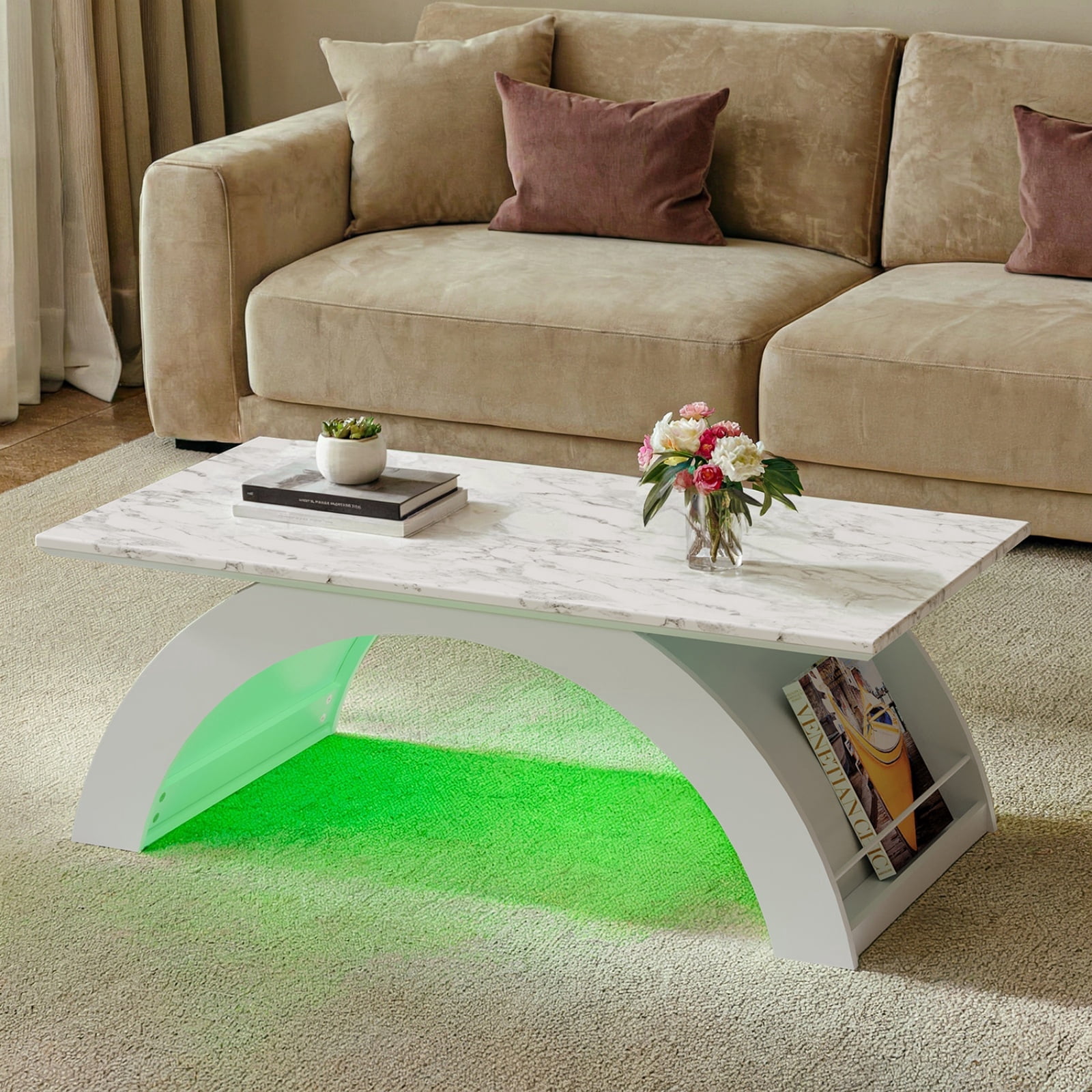 Coffee Tables for Living Room, 45" Marble Coffee Table with RGB Strip, Smart Coffee Table with Storage for Living Room/Dining Reception
